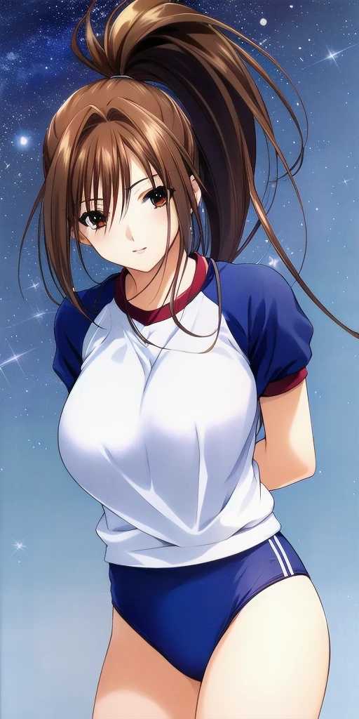 <lora:SatsukiV2:0.7> kitaooji_satsuki_high_ponytail, huge_breasts, standing, solo, arms_behind_back, starry_sky,  gym_uniform, masterpiece, best_quality, detailed_face, detailed_eyes, highres, beautiful, detailed, absurdres,