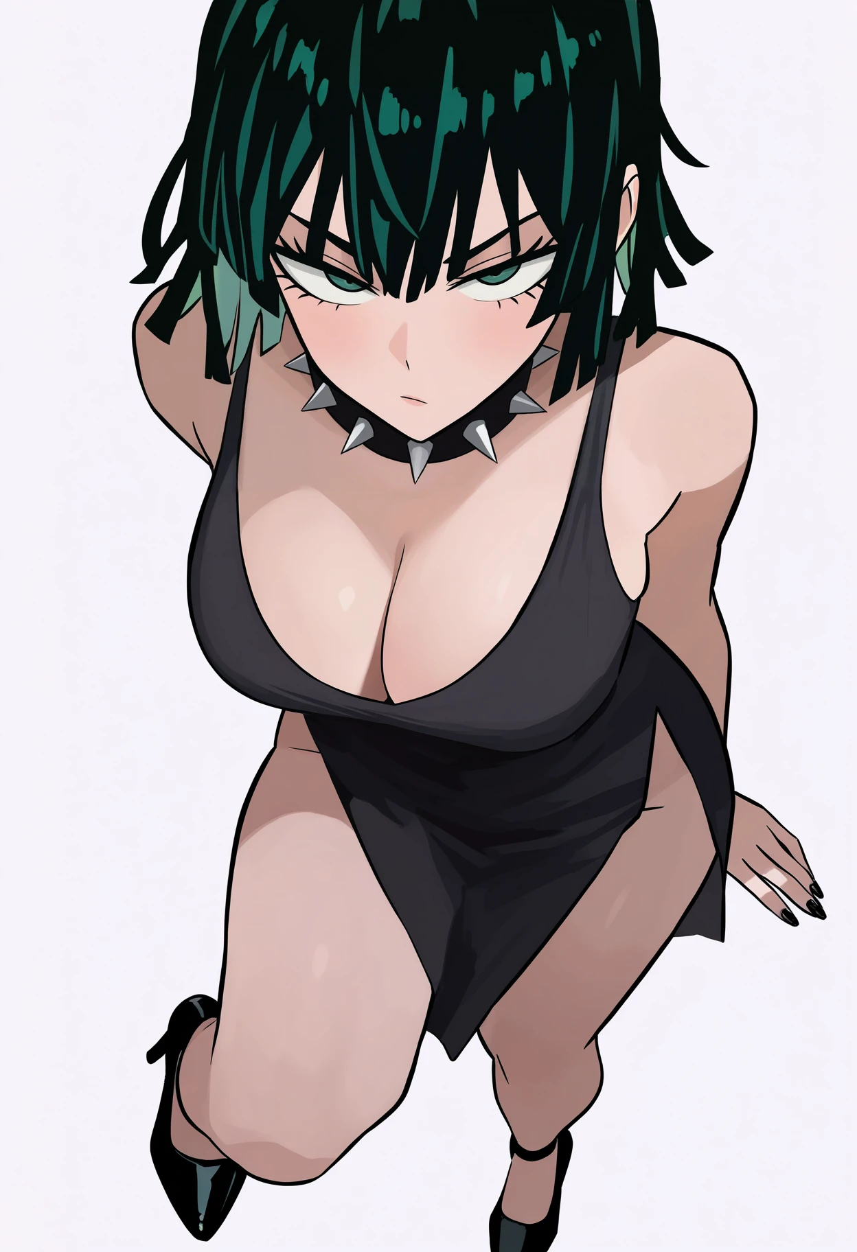 zeon,
best quality, amazing quality, very aesthetic, absurdres,
1girl, fubuki \(one-punch man\), bangs, black hair, short hair, 
spiked collar, side slit, bare legs, black dress, black eyes, black high heels, black nails, breasts, cleavage, closed mouth, 
full body, invisible chair, sleeveless dress, 
solo, looking at viewer, standing, simple background, white background,  <lora:ZeonIllustriousXL_byKonan:1>