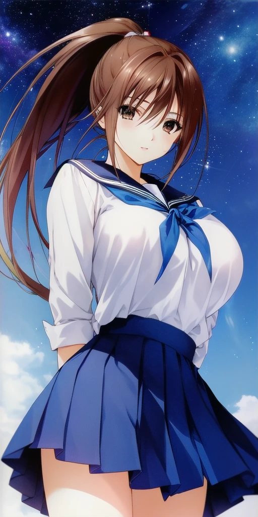 <lora:SatsukiV2:0.7> kitaooji_satsuki_high_ponytail, huge_breasts, standing, solo, arms_behind_back, starry_sky,  school_uniform, masterpiece, best_quality, detailed_face, detailed_eyes, highres, beautiful, detailed, absurdres,