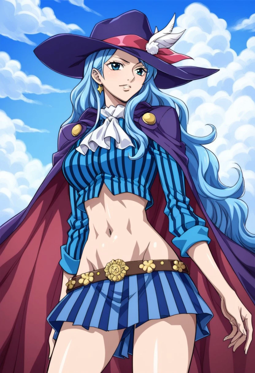 score_9, score_8_up, score_7_up, NelZelFormula,
White Bay, hat, midriff, 1girl, skirt, blue_hair, showing boobs, cape, navel, long_hair, ascot, crop_top, pinstripe_pattern, striped, groin, vertical_stripes, miniskirt, solo_focus, (blue sky, clouds)