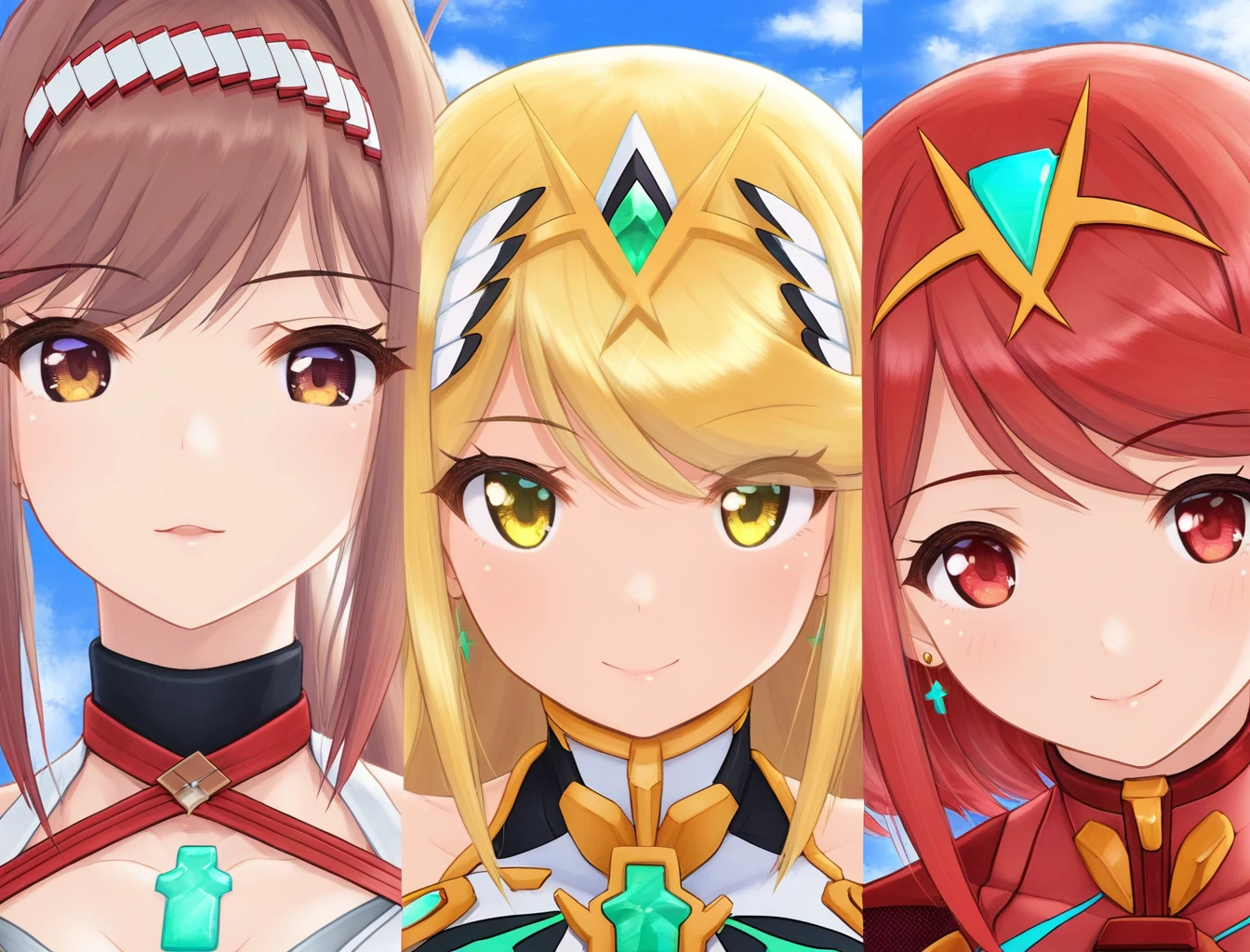 masterpiece, best quality, good quality, 3girls, portrait, chest jewel, kitharode glimmer, default pyra, melee mythra, blue sky, clouds<lora:aegis illustrious 008:1>