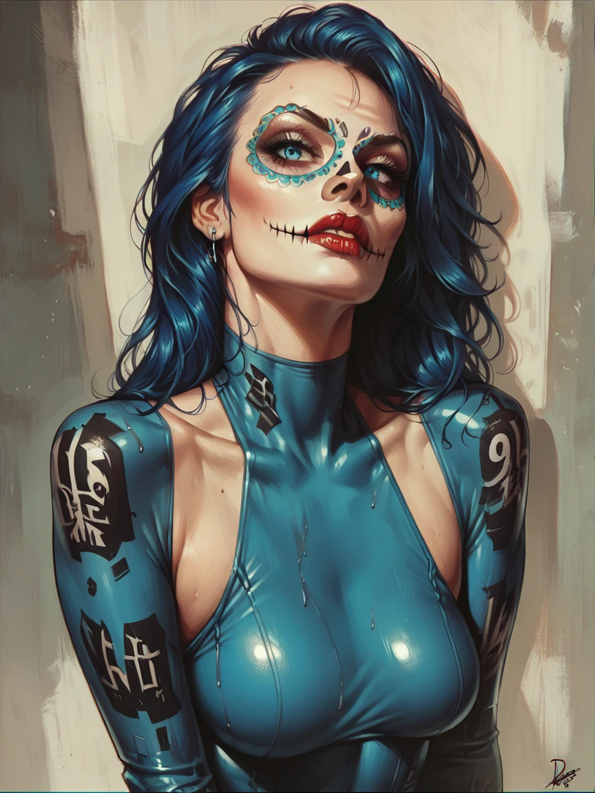 score_9, score_8_up, score_7_up, score_6_up, score_5_up,  <lora:CalaveraPXLP:0.7> calavera, 1girl, curvy, looking at viewer, blue eyes, blue hair, latex bodysuit,