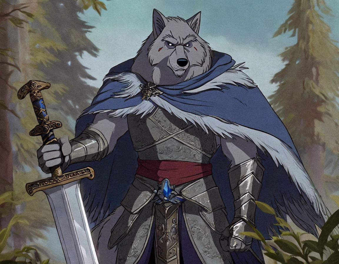 classicanimstyle, blaidd \(elden ring\),  sword, holding object, holding sword, elden ring, canid, mammal, canine, wolf, canis, weapon, melee weapon, anthro, armor, solo, male, clothing, scar, fur, cape, holding weapon, tree, holding melee weapon, plant, gloves, handwear, outside, sky, avian, grey body, gauntlets, bird, grey fur, looking at viewer, cloak, teeth, clothed  <lora:BlaiddFRL27nO:0.2> <lora:classicanimstyle_:0.8>