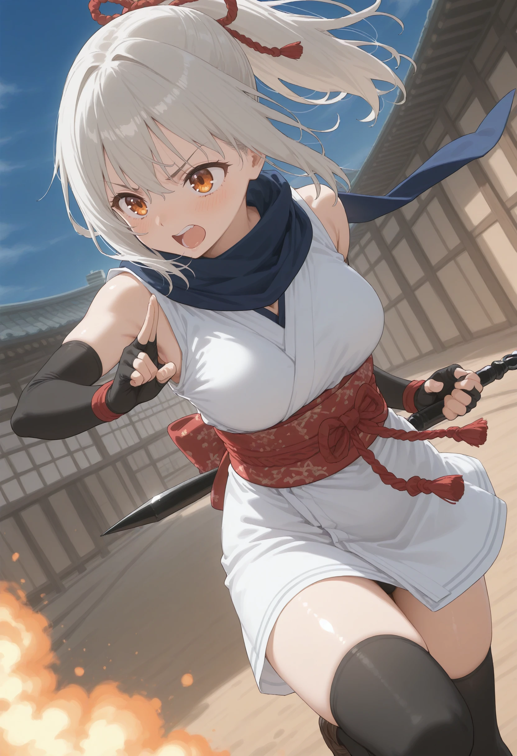 1girl,(sho \(sho lwlw\):0.7),(toosaka asagi:0.5),(sincos:0.3),solo,
masterpiece,best quality,absurdres,detailed skin,anime colored,anime screencap,official art,
scarf, japanese clothes, black legwear, elbow gloves, fingerless gloves, short kimono, , sleeveless kimono, fighting stance, kunai, long hair,   <lora:kuji-in_XL_v1:0.8>
dutch angle, portrait, looking away, silver hair, orange eyes,annoyed, Madrid city, open mouth, braid hair,