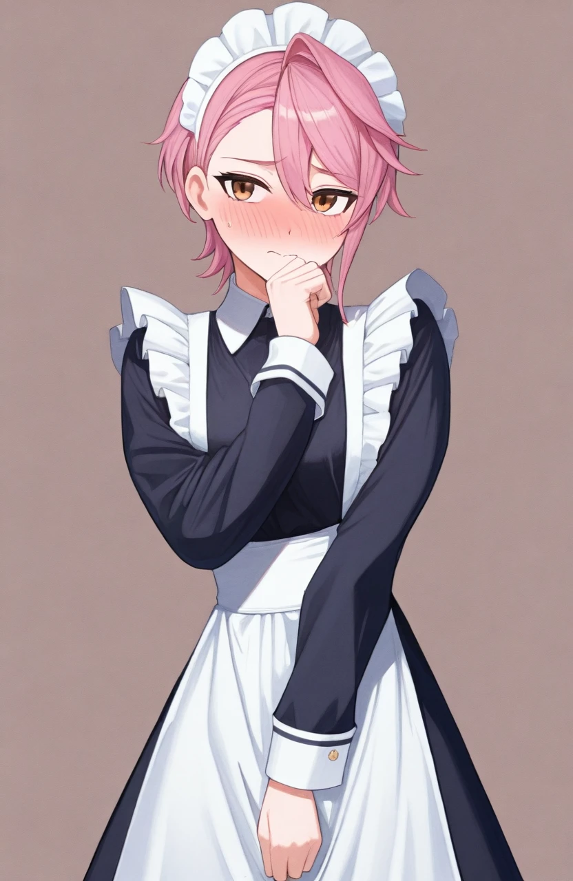 (Score_9,  score_8, score_6, score_7:0.6), masterpiece, best quality, good quality, newest, Aira, 1girl, pink hair, brown eyes, swept bangs, asymmetrical bangs, asymmetrical hair, hair between eyes, short hair, maid uniform, blush, embarrassed, covering privates, maid headdress,  <lora:ShiratoriAira-Dandadan-Illustrious-6:1>