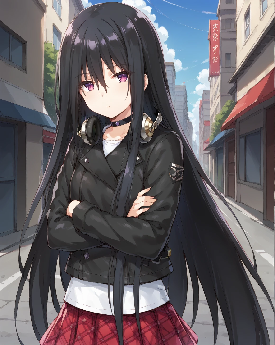 <lora:yomei_kirisaki_v1.3-000009:1>,yomei kirisaki,black hair,long hair,very long hair,purple eyes,hair between eyes,hair over eyes,straight hair,
headphones around neck,black jacket,white shirt,plaid skirt,black choker,
1girl,solo,
BREAK
standing,black pantyhose,crossed arms,facing viewer,looking at viewer,
expressionless,
street,outdoors,, score_9,score_8_up,score_7_up,source_anime,best quality,masterpiece,uncensored,detailed eyes,