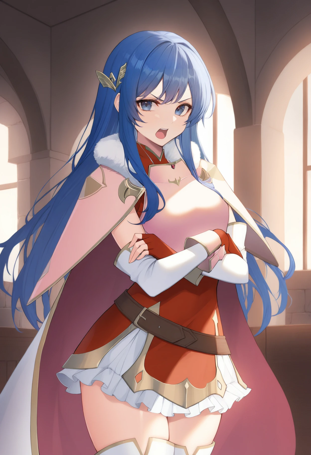 masterpiece, best quality, 1girl, solo, <lora:caeda-fe-richy-v1_ixl:1> caedaleg, blue eyes, blue hair, long hair, bangs, hair ornament, fur trim, pink shoulder armor, pink breastplate, pink armor, red dress, frilled skirt, red gloves, fingerless gloves, pink gauntlets, brown belt, white thighhighs, thighs, cape, indoors, angry, open mouth, looking at viewer, crossed arms, standing, indoors, castle, fantasy