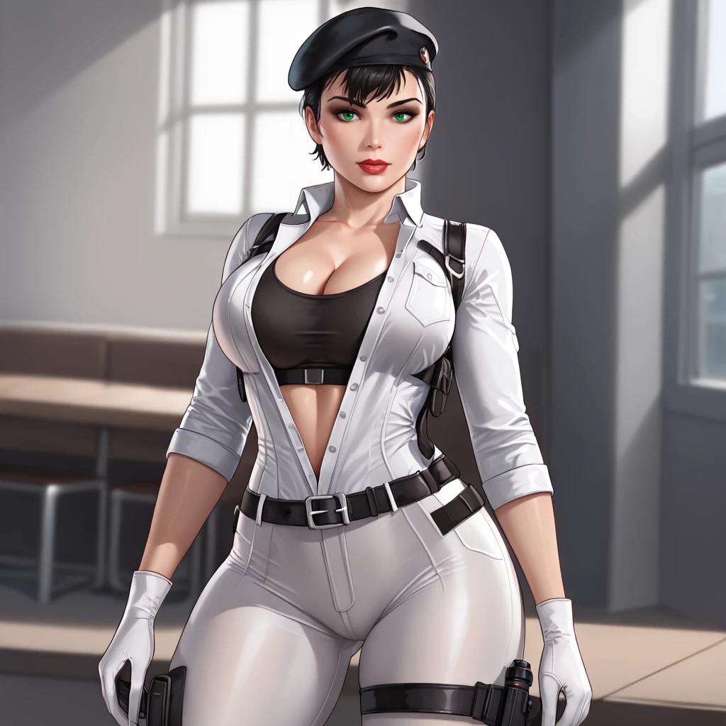 <lora:catwomanarkhamcity_pony_v1:.7>CatwomanArkhamCity, 1girl, solo, black hair, large breasts, green eyes, short hair,  curvy, cowboy shot,  <lora:1028 TheFirstDescendant-heir Hayley_v1_pony:1> ruanyi1028,belt,black sports bra,collared shirt,gloves,holstered weapon,partially unbuttoned,tight pants,thigh holster,white gloves,white pants,beret