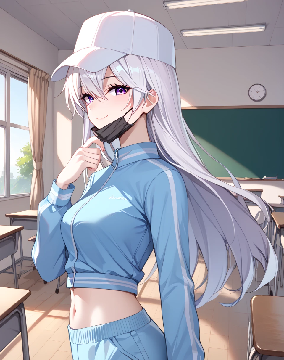 Gu_Yuena, white hair, long hair, purple eyes,  white tracksuit, exposed midriff, white hat, black mask, mask pull BREAK  indoors,classroom  BREAK looking at viewer, sexy face,from side, looking at side, sexy smile, naughty face standing BREAK score_9, score_8_up, score_7_up, source_anime ,zPDXL,manhua, <lora:Gu_Yuena:0.8> , <lora:maskpullponyxl:0.8>