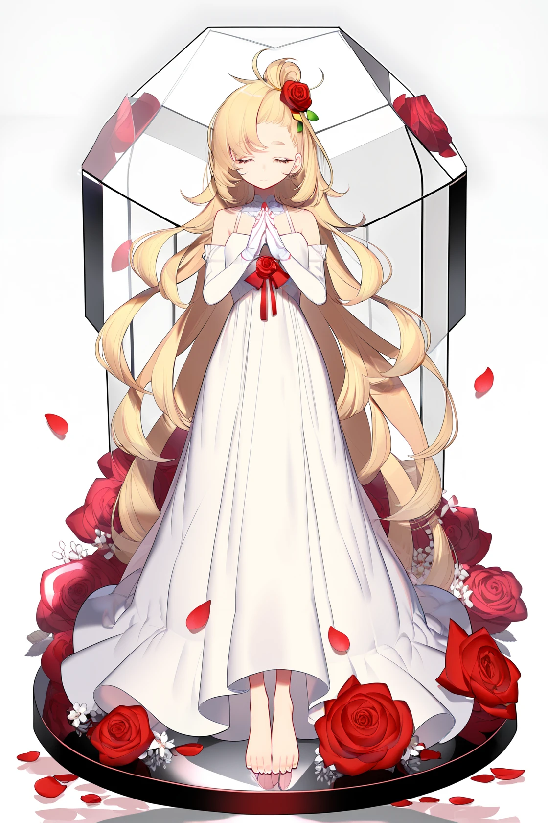 8k, best quality, masterpiece, (ultra-detailed), (high detailed skin), (by nanoless, by misumi \(macaroni\):0.25), 
1girl, long hair, dress, flower, blonde hair, white dress, closed eyes, solo, red flower, rose, very long hair, petals, red rose, own hands together, closed mouth, full body, barefoot, hair ornament, long dress, ribbon, A detailed digital illustration of a woman with long blonde hair, wearing a white dress, is seen in a hexagon-shaped glass cube. The illustration is surrounded by a mix of black, white, pink, blue, and red colors. The cube is placed on a reflective surface. The background is a dark brown, and there is a light reflecting off of the cube.
<lora:paixi-atw2-Tanger-000008:0.7>, paipai, def-clothes of paipai, bangs pinned back, 1girl, green eyes, blonde hair, gloves, black shorts, hair ornament, yellow gloves,