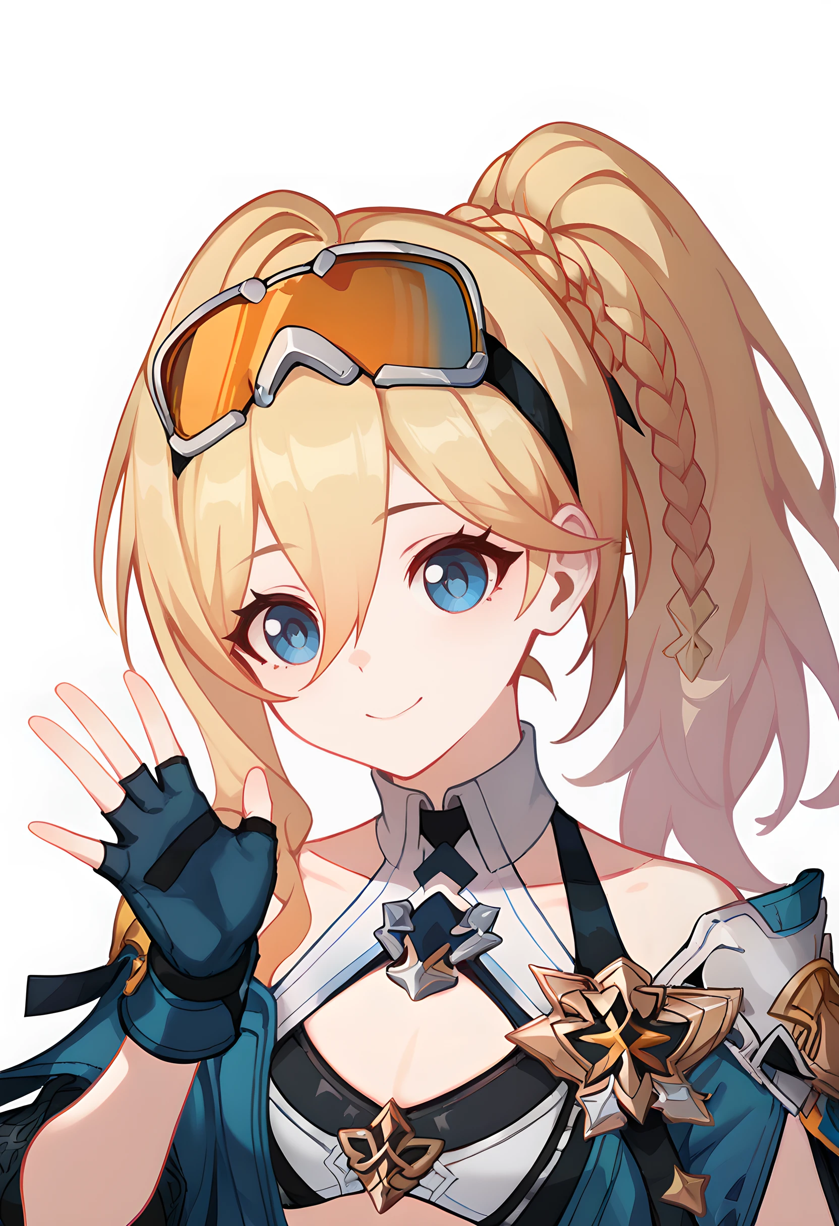 score_9_up,score_8_up,score_7_up,<lora:Durandal_v0.9_PONY-00030:1>,
Honkai_XD,1girl,blonde hair,blue eyes,smile,solo,goggles on head,long hair,closed mouth,braid,hair between eyes,side ponytail,white_background,simple_background,waving,gloves,fingerless gloves