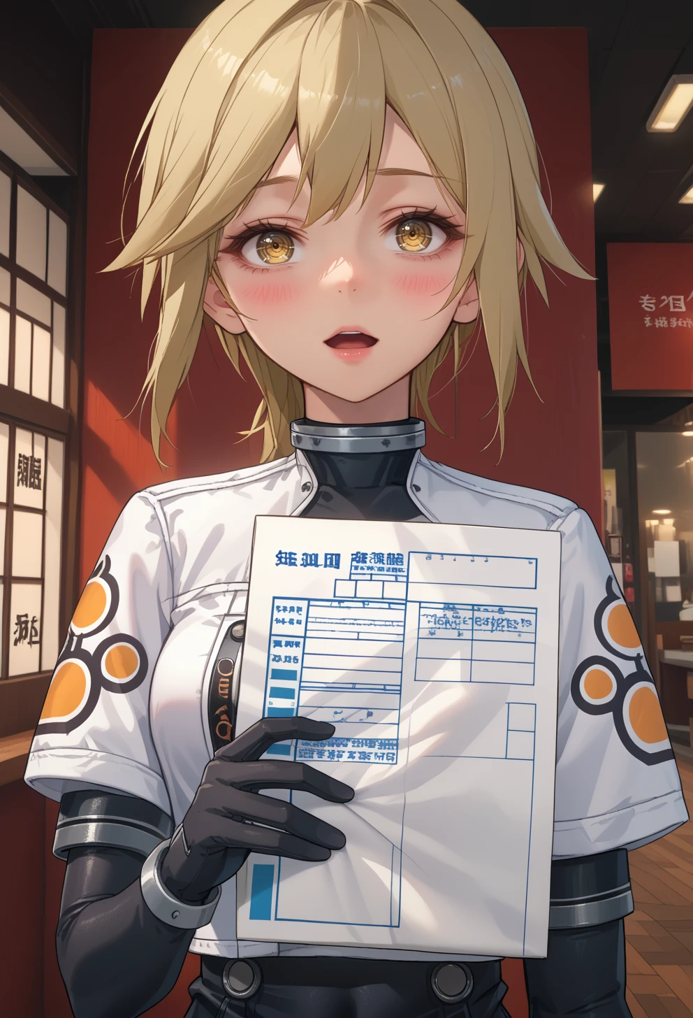 score_9, score_7_up, source_anime, solo, BREAK <lora:AEKylie:0.9> AEKylie, yellow eyes, blonde hair, medium hair, sidelocks, mole under eye, black bodysuit, covered navel, cropped jacket, white jacket, short sleeves, black gloves, portrait, 
  <lora:marriagecertificate_Pony_v1:0.9> marriage certificate, blush, open mouth,