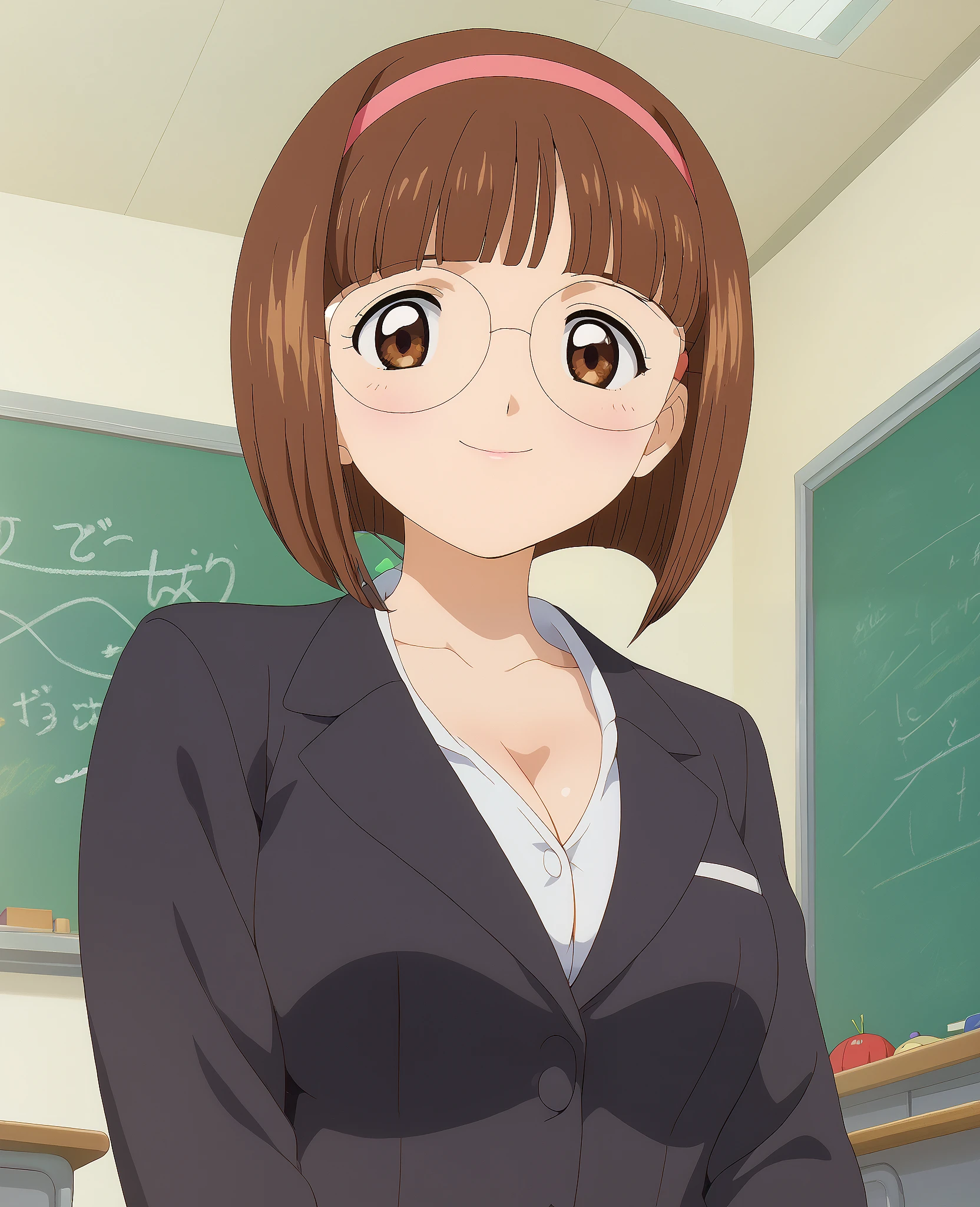 score_9, score_8_up, score_7_up, masterpiece, absurdres, source_anime, perfect anatomy,

1girl, solo, naoko_yanigasawa, brown hair, bob cut, hairband, brown eyes, glasses,
big breast,
suit, black suit, white shirt, cleavage, collarbone, mature woman, mini skirt, black skirt, blush, smiling,

good_hands,

indoors, classroom, blackboard, looking at viewer, from below,