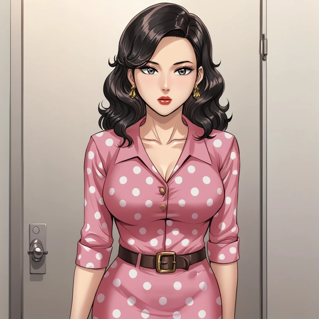 <lora:MrsAhn_pony_v1:.8> MrsAhn, 1girl, solo, jewelry, earrings, polka dot dress, black hair, makeup, red lips, belt, pink dress, lipstick, large breasts, collarbone, medium  hair, grey eyes, wavy hair, pencil skirt