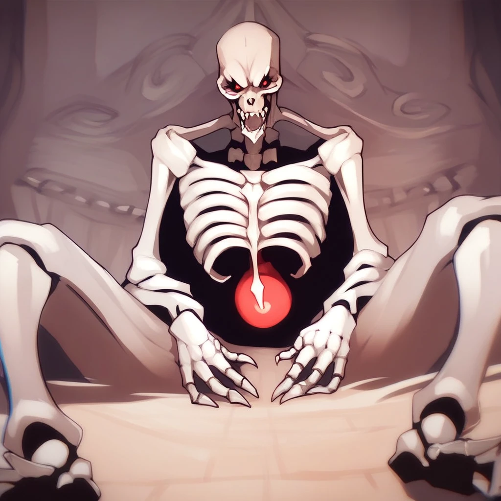 Score_9_up, score_8_up, score_7_up, score_6_up, Skeleton, Skull, Bones, Pointed chin, fangs, ribs, nude, claws, Red eyes, posing, spread legs, happy face, smile, open mouth,