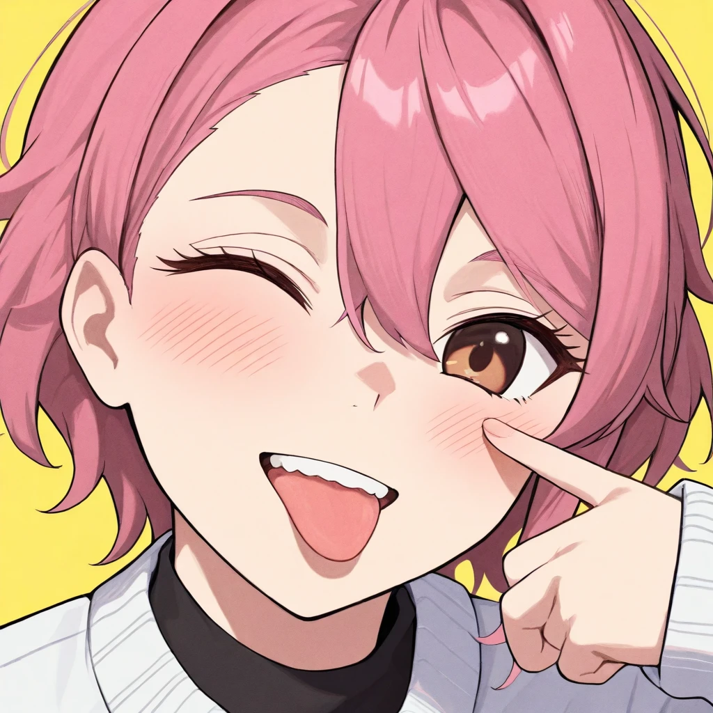 (Score_9,  score_8, score_6, score_7:0.6), masterpiece, best quality, good quality, newest, Aira, hair between eyes, swept bangs, asymmetrical bangs, 1girl, tongue out, one eye closed, eyelid pull, akanbe, short hair, pink hair, looking at viewer, portrait, yellow background, brown eyes, teeth, smile, close-up, open mouth, simple background, blush, long sleeves,   <lora:ShiratoriAira-Dandadan-Illustrious-6:1>