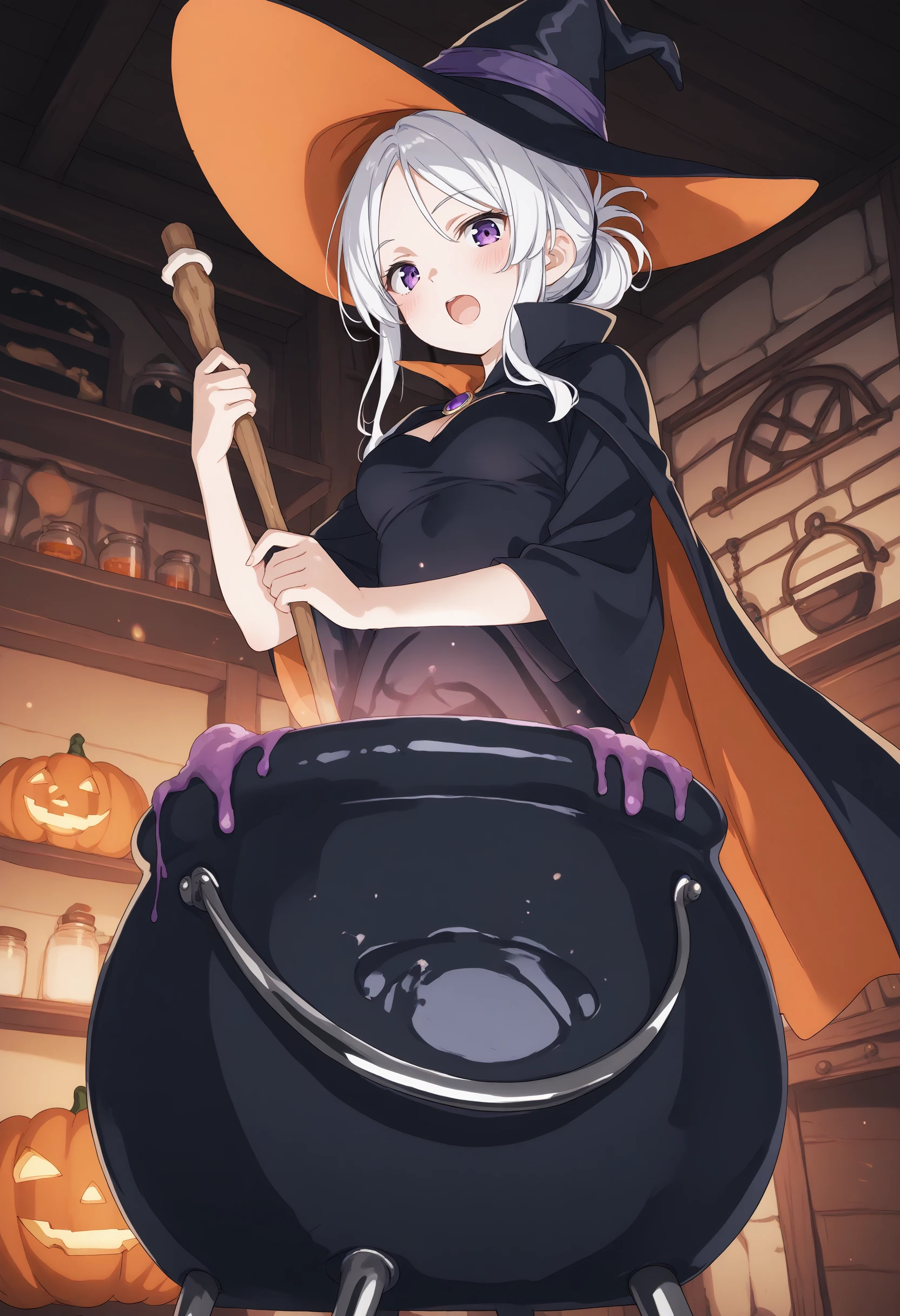 (masterpiece:0.7), (best quality:1.1),
(by sincos:0.5),(by ningen mame:0.5),(by toosaka asagi:0.5),
1girl,solo,medium breasts,
stirring, cauldron, holding, witch hat, standing, witch, indoors, fire, staff , halloween ,jack-o'-lantern,halloween costume, cape,night, <lora:stirring_Pony_v1:0.8>
from below, full body, looking at viewer, white hair, purple eyes,disdain, on cruisers, open mouth, folded ponytail hair,