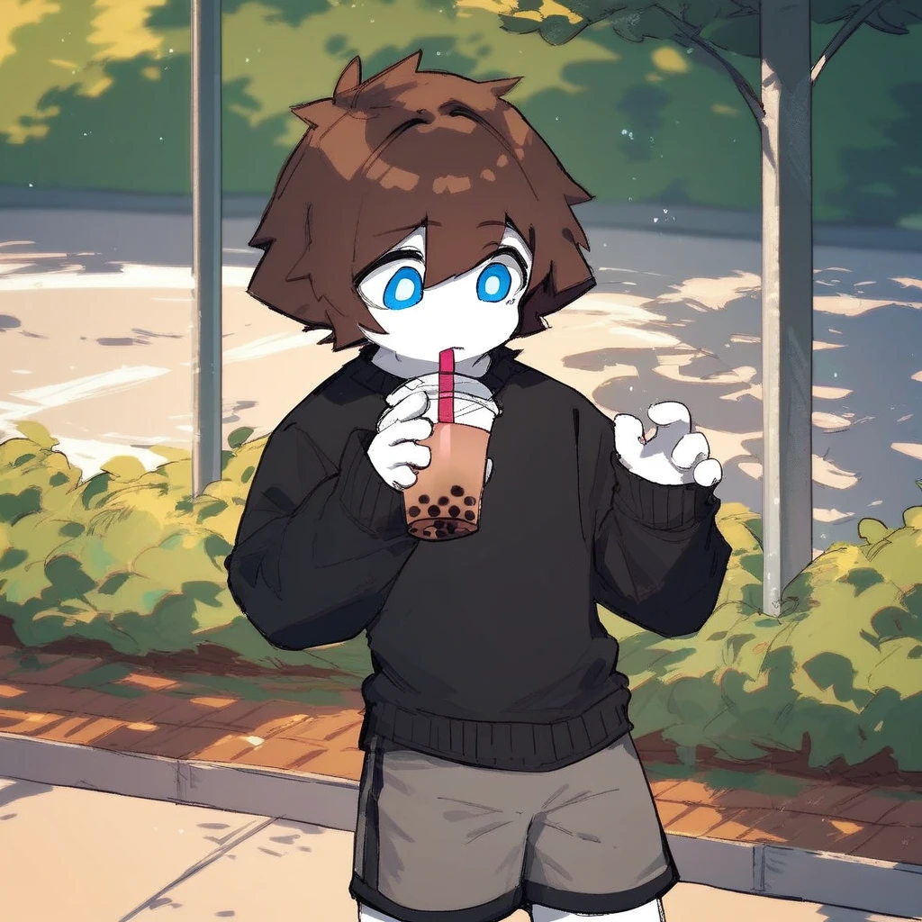 score_9_up, score_8_up, score_7_up, mikus-sona, blue eyes, brown hair, white skin, black boxers, park, holding, bubble tea, black sweater, gray shorts, 1boy, solo