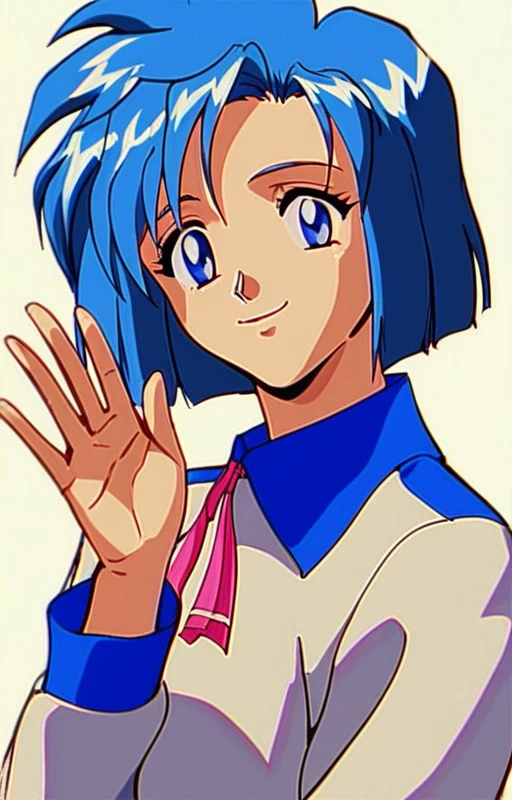 <lora:Haruka_Tachibana_Angel_of_Darkness_2_æ·«ç£æå¸«:0.99> harukaaod2, 1girl, solo, blue hair, short hair, retro artstyle, 1990s (style), blue eyes, thighhighs, shirt, upper body, simple background, looking at viewer, smile, waving, score_9, score_8_up,score_7_up, masterpiece,