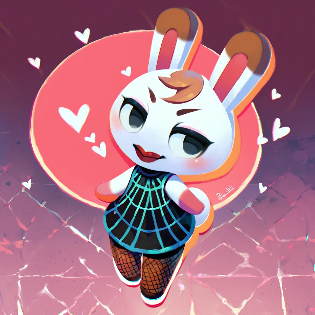 score_9_up, score_8_up, score_7_up, score_6_up,Tiffany \(animal crossing\), rabbit girl, furry female, cute, sweet, adorable, solo, fishnet legwear, smile, masterpiece, vibrant, dynamic background, high resolution, heart