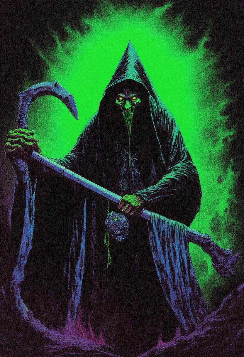 DNdGr41nyB0yz style, Dark fantasy illustration of a grim reaper wielding  a Large dark scythe . 1970s dark cyberpunk book cover paper art dungeons and dragons style drawing,grainy, noise, dark glowing emerald ghost flame border