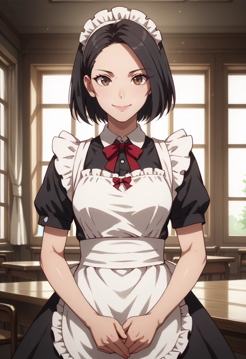 score_9, score_8_up,
1girl, <lora:SilviaSevere_OffSeason_PDXL:0.9>, silviasevere, short hair, black hair, brown eyes,
maid,
slight smile,
indoors