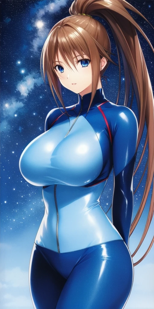 <lora:SatsukiV1:0.7> kitaooji_satsuki_high_ponytail, huge_breasts, standing, solo, arms_behind_back, starry_sky, bodysuit,, masterpiece, best_quality, detailed_face, detailed_eyes, highres, beautiful, detailed, absurdres,