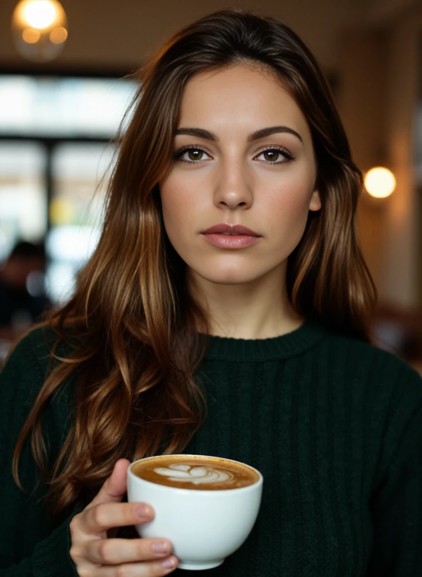 An exciting professional photograph of a young woman K3LLY8R00K2 in her early twenties with long hair, wearing a dark green cable-knit sweater in a cafe, holding a latte, pale skin, light makeup, detailed skin, bokeh, female focus, SFW, <lora:Kelly_Brook:1>