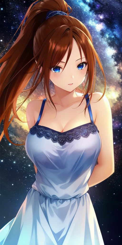 <lora:SatsukiV1:0.7> kitaooji_satsuki_high_ponytail, huge_breasts, standing, solo, arms_behind_back, starry_sky,  sundress, masterpiece, best_quality, detailed_face, detailed_eyes, highres, beautiful, detailed, absurdres,