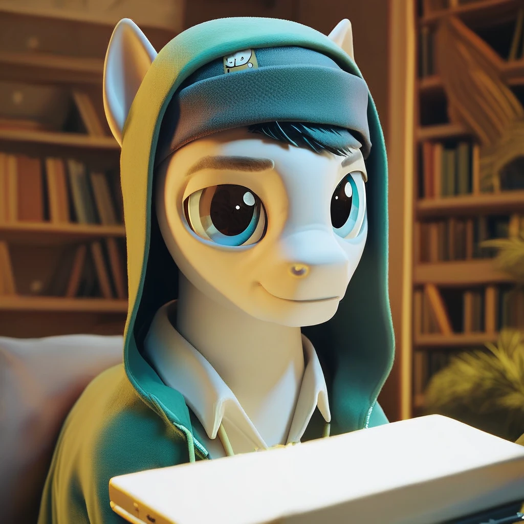 score_9, score_8_up, score_7_up, source_pony low light, pony, 1male, hoodie, beanie, on laptop, looking at viewer, portrait, indoors, library