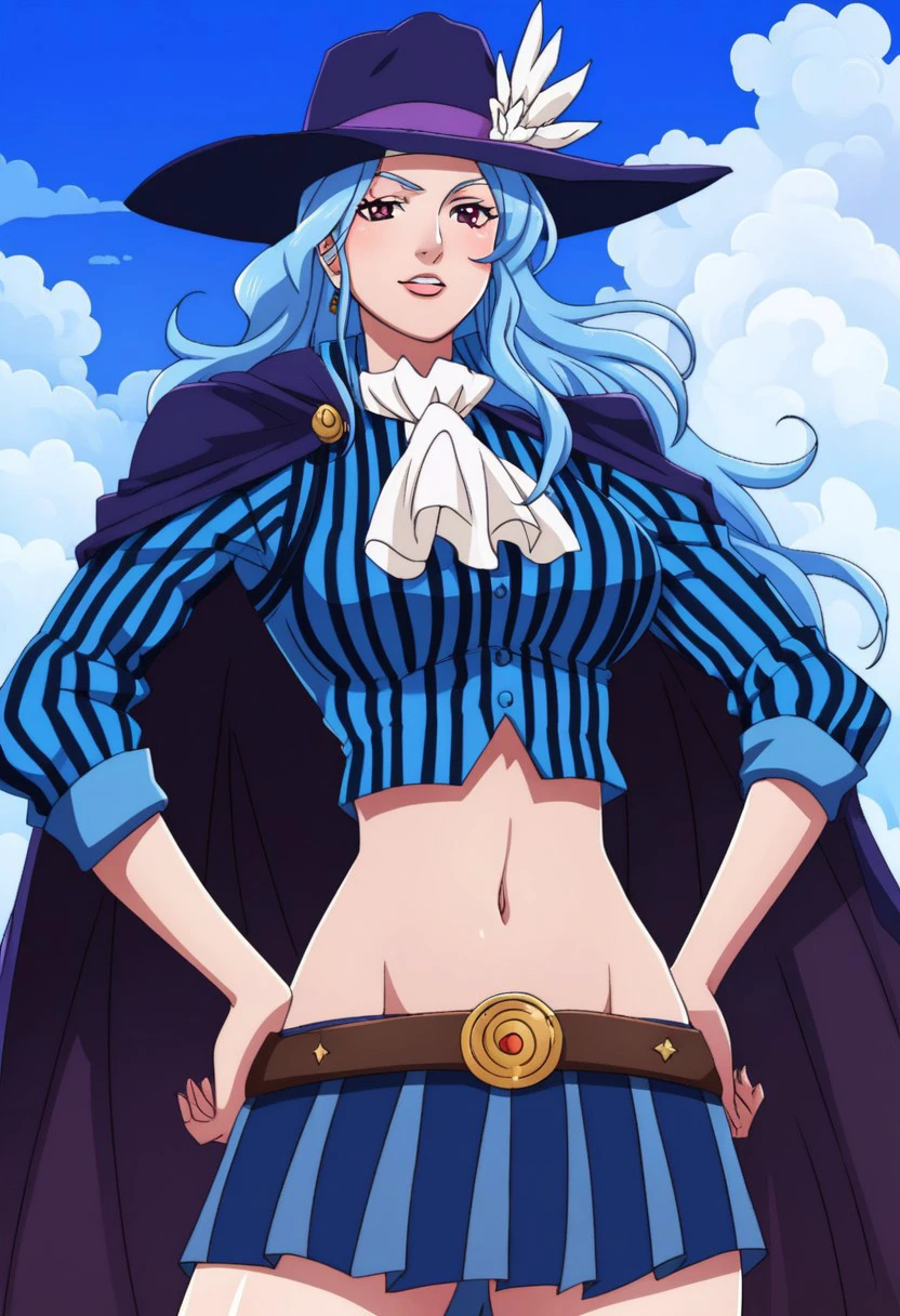 score_9, score_8_up, score_7_up, whentai,
White Bay, hat, midriff, 1girl, skirt, blue_hair, hand_on_hip, cape, navel, long_hair, ascot, crop_top, pinstripe_pattern, striped, groin, vertical_stripes, miniskirt, solo_focus, (blue sky, clouds)