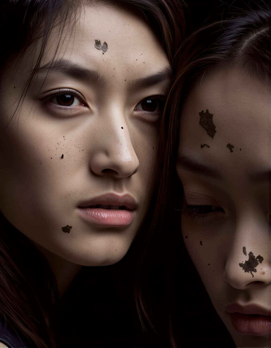 A close-up of two women, their faces partially covered in mud. One woman gazes forward with a determined and focused expression, while the other leans close to her, sharing a quiet, intimate moment. The lighting emphasizes the texture of their skin and the mud, giving a raw, emotional depth to the image.
, <lora:bv-kordirfoo.safetensors:1.0:1.0>