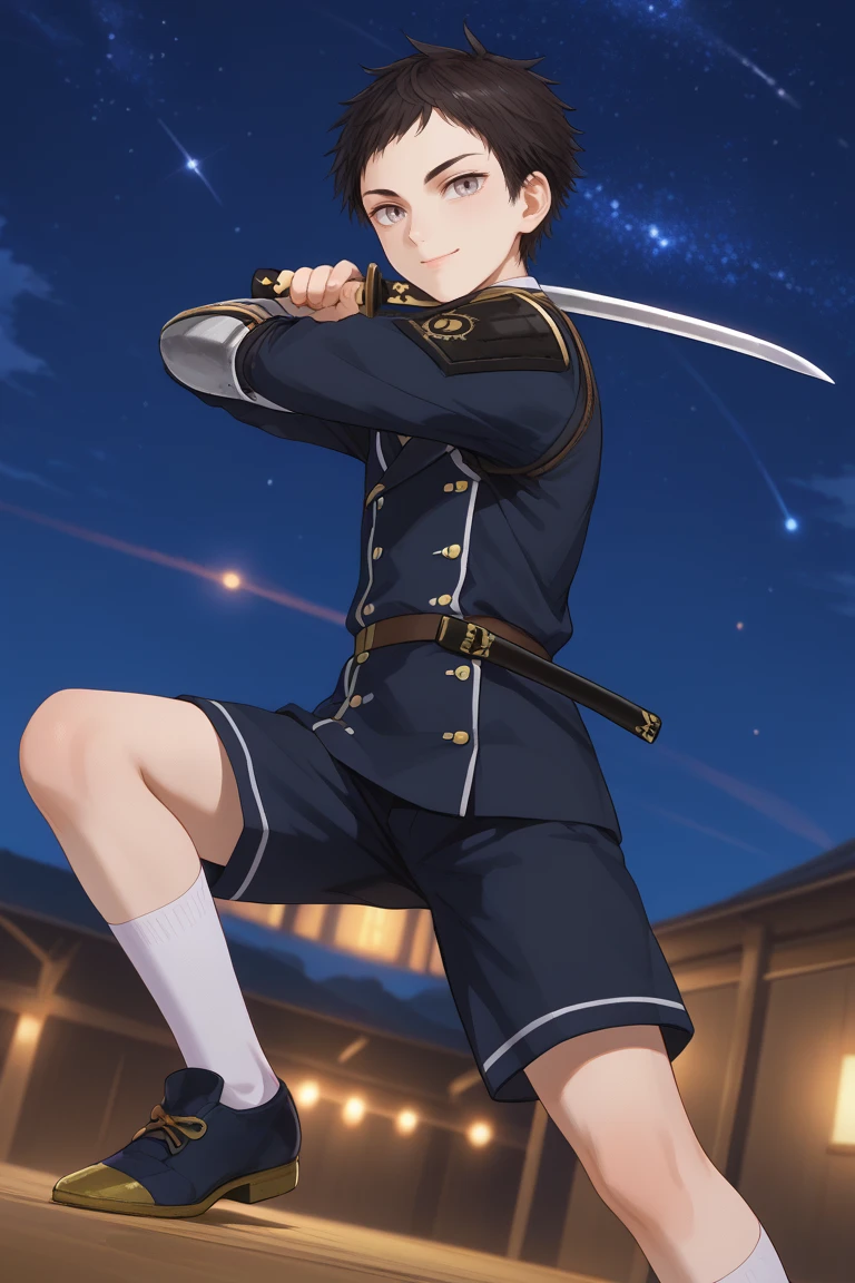 score_9, score_8_up, score_7_up, score_6_up, atsushi toushirou, black hair, grey eyes, hanamaru style, black jacket, white shirt, necktie, black shorts, 1boy, male focus, weapon, tantou, short sword, shorts, uniform, military uniform, military, sword, sky, solo, night, japanese armor, night sky, buttons, double-breasted, smile, fighting stance, socks, armor, star (sky), starry sky, blurry, holding, sode, KNEEHIGHS, black shoes