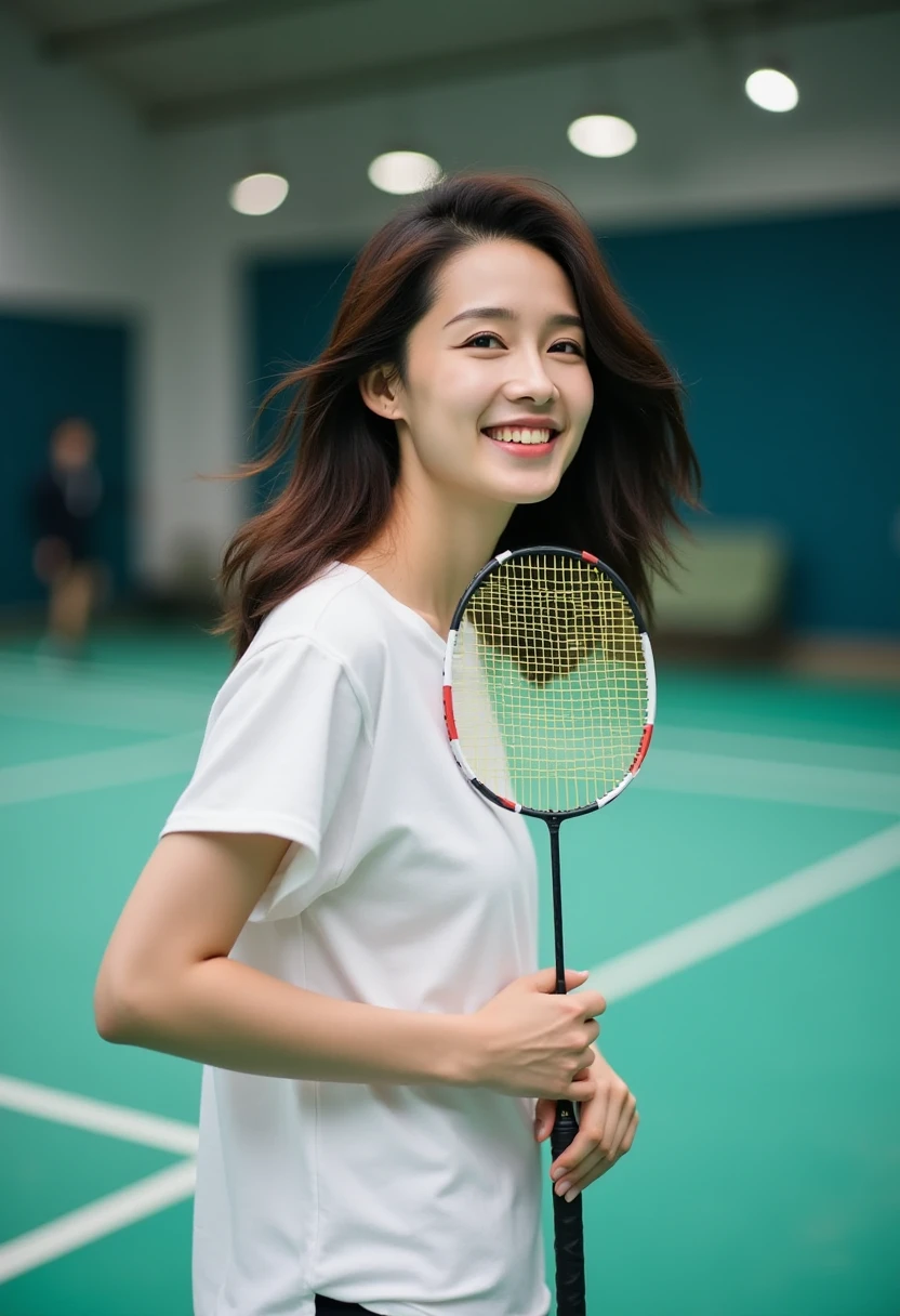 A beautiful woman smiling while holding a racket at the badminton court.