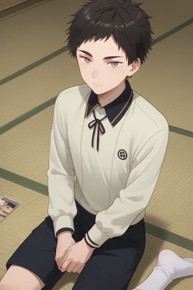 score_9, score_8_up, score_7_up, score_6_up, atsushi toushirou, black hair, grey eyes, beige shirt, hanamaru style, male focus, shorts, 1boy, sitting, socks, tatami, photo (object), solo, seiza, black shorts