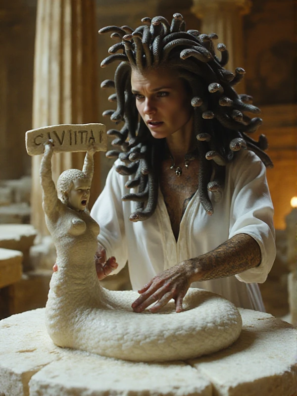 Medusa is wearing a white blouse. She is carving a piece of white stone in the shape of a screaming man holding a sign with the text "CIVITAI" <lora:Medusa:0.7>