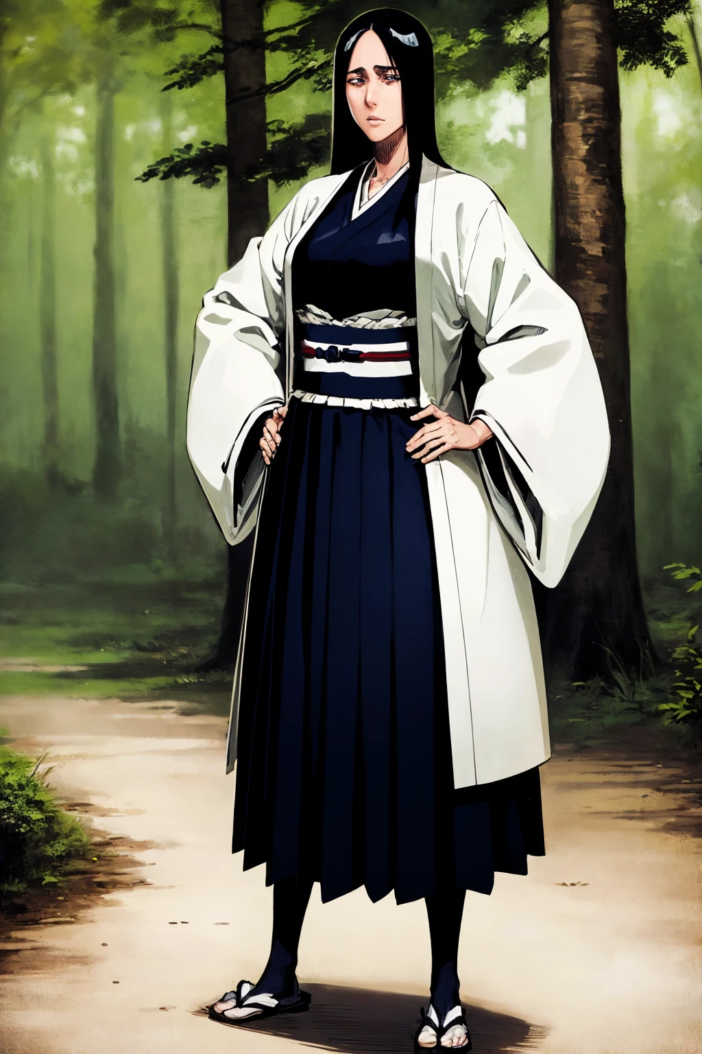 masterpiece, best quality,
1girl, bankai, black hair, long hair, blue eyes,
haori, japanese clothes, kimono, tabi,
hands on hips, standing, full body, solo, looking at viewer, trees, jungle background, <lora:RetsuUnohana_byKonan:1>