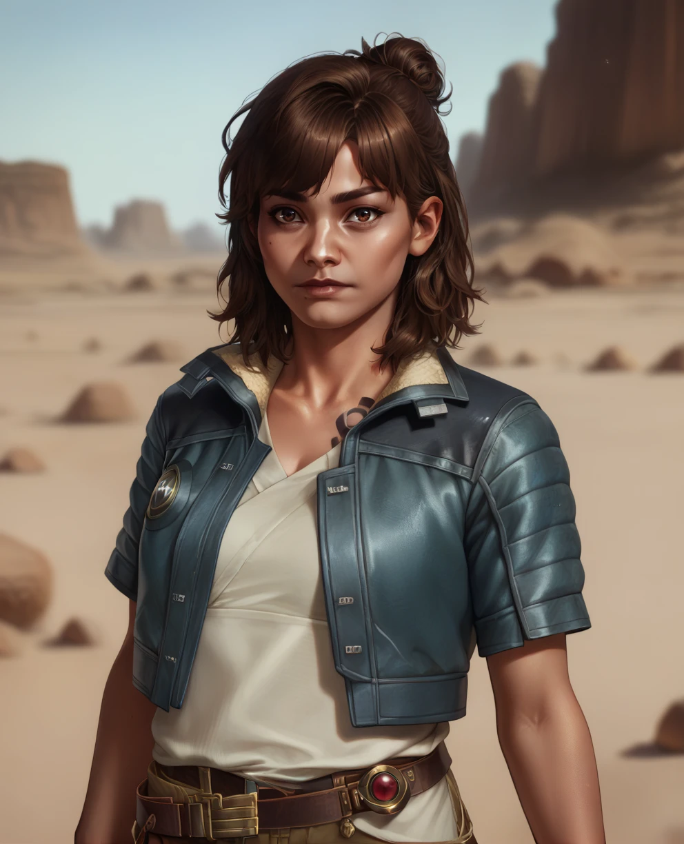 score_9,score_8_up,
kayxl,brown hair,brown eyes,medium hair,hair bun,
white shirt,blue jacket,belt,pants,short sleeves,looking at viewer,
standing,upper body,looking at viewer,
desert,dawn,<lora:KaySWOxl-125TH:0.8>,