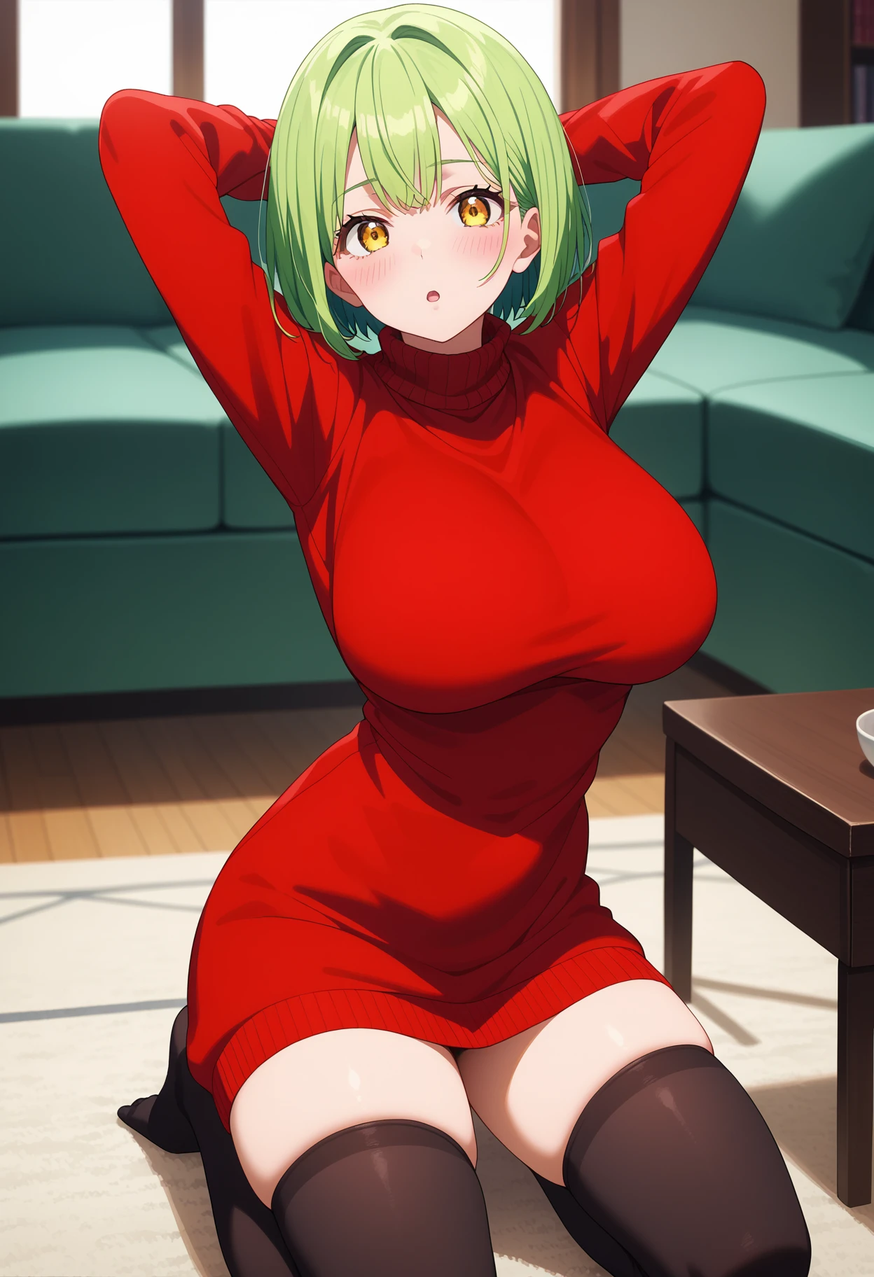 score_9, score_8_up, score_7_up, score_6_up, source_anime, 1girl, solo, green hair, short hair, yellow eyes, red sweater, turtleneck, sweater dress, black thighhighs, skindentation, large breasts, kneeling, arms behind head, chestnut mouth, blush, looking at you, indoors, couch