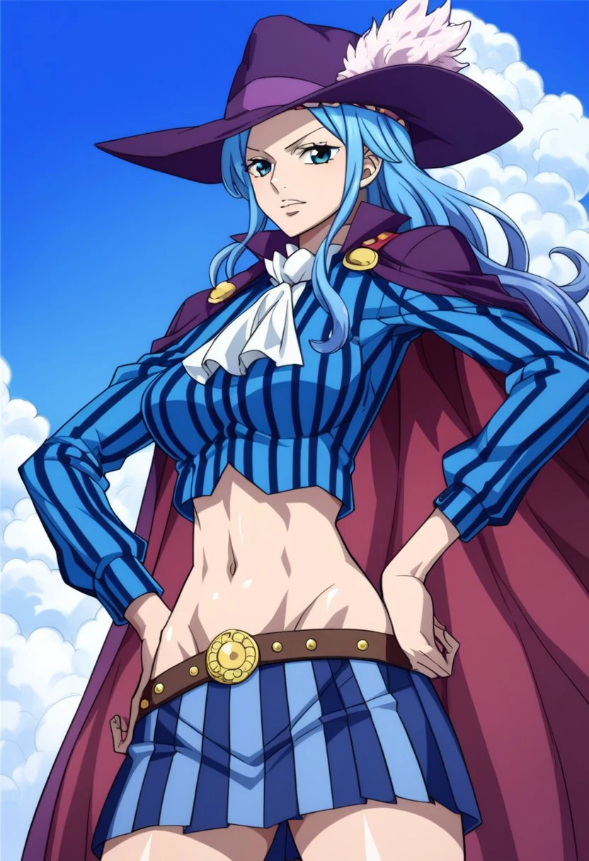 score_9, score_8_up, score_7_up, NelZelFormula,
White Bay, hat, midriff, 1girl, skirt, blue_hair, hand_on_hip, cape, navel, long_hair, ascot, crop_top, pinstripe_pattern, striped, groin, vertical_stripes, miniskirt, solo_focus, (blue sky, clouds)