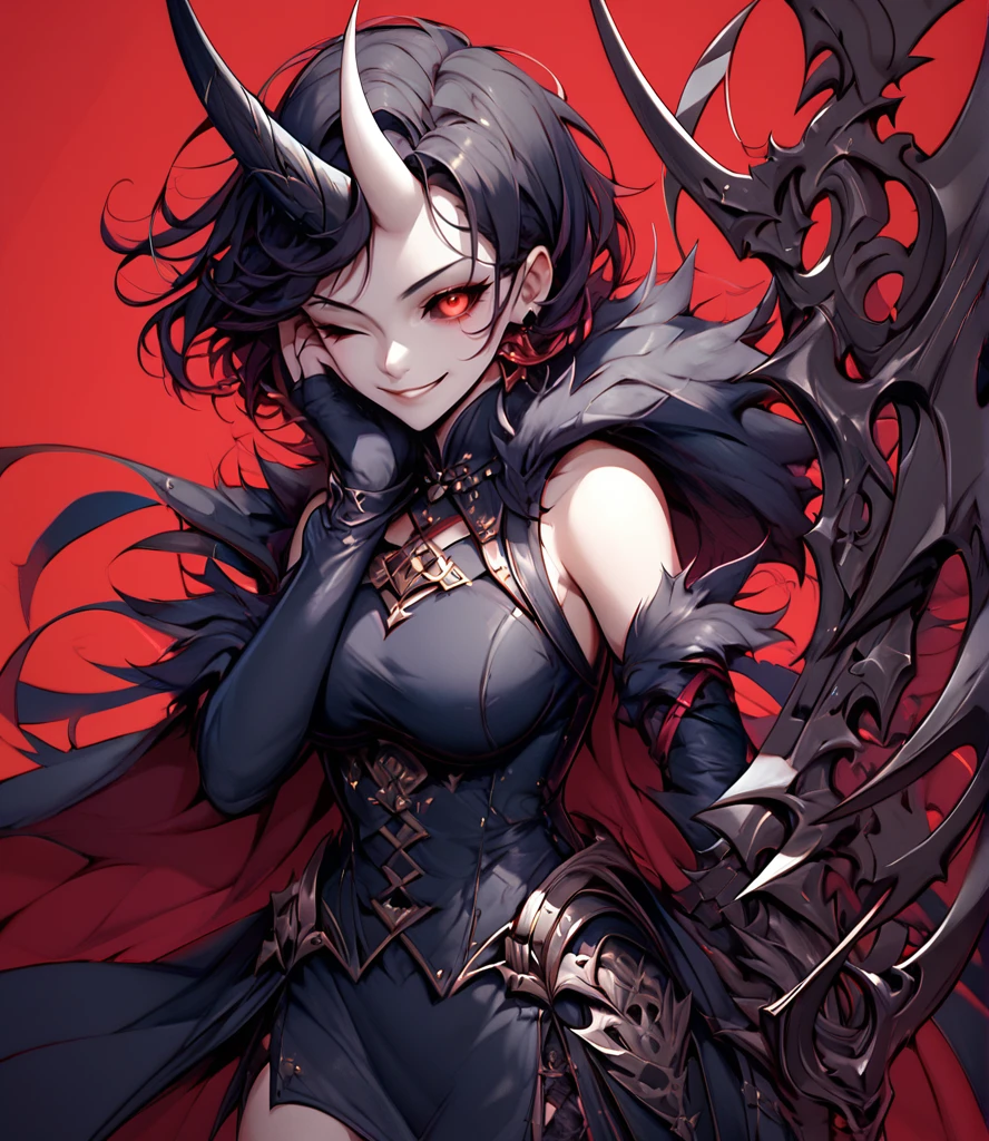 score_9,score_8_up,score_7_up,macromastia,score_6_up,1girl,solo,looking at viewer,smile,short hair,simple background,black hair,red eyes,thighhighs,gloves,dress,holding,bare shoulders,weapon,one eye closed,horns,cape,holding weapon,black dress,fur trim,thigh boots,red background,single horn,hand on own face,zoom layer,black sclera,scythe,holding scythe,<lora:GrimmStyle-01:1>,<lora:add-detail-xl:1>,mouth mask,mask,<lora:masky:1>,