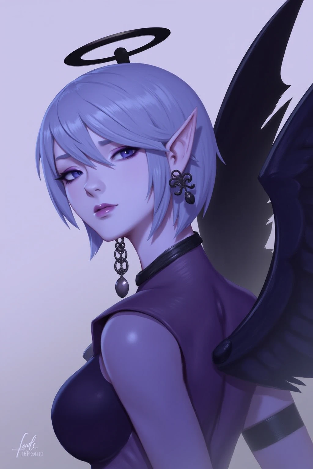 Zeronis Style digital illustration of, an androgynous angelic figure with a softethereal glow. The figure has pale blue skina serene and melancholic expressionand shortsmooth hair. They have delicate elven earsa dark halo above their headand largeglossy black feathered wings. The angel wears an elegantflowing garment with a deepmuted purple color and intricate jewelry with chain-like details hanging from the ears. The background is a subtle gradientcreating an aura of tranquility and mystery around the figure.