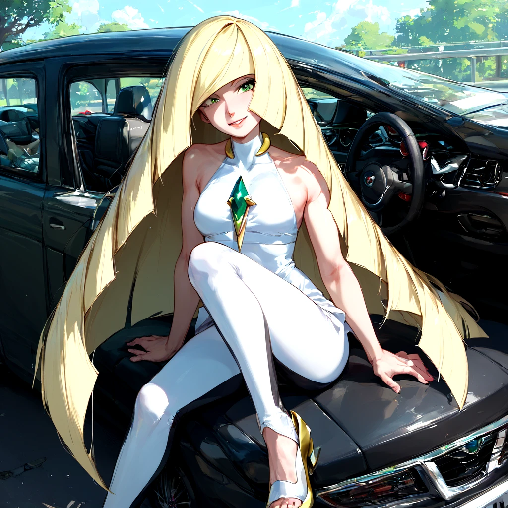 1girl, solo, score_9, score_8_up, score_7_up, score_6_up, > <lora:add-detail-xl:1> <lora:sinfully_stylish_SDXL:1> <lora:Expressive_H-000001:1>, score_9,score_8_up,score_7_up,score_6_up, LusaminePoke,1girl,long hair,blonde hair,dress,bare shoulders,very long hair,green eyes,sleeveless,white dress,hair over one eye, sleeveless dress,short dress,gem,mature female,leggings,green gemstone,lusamine (pokemon), <lora:LusaminePoke1:1>, full body, mature female, sitting on car, on top of car