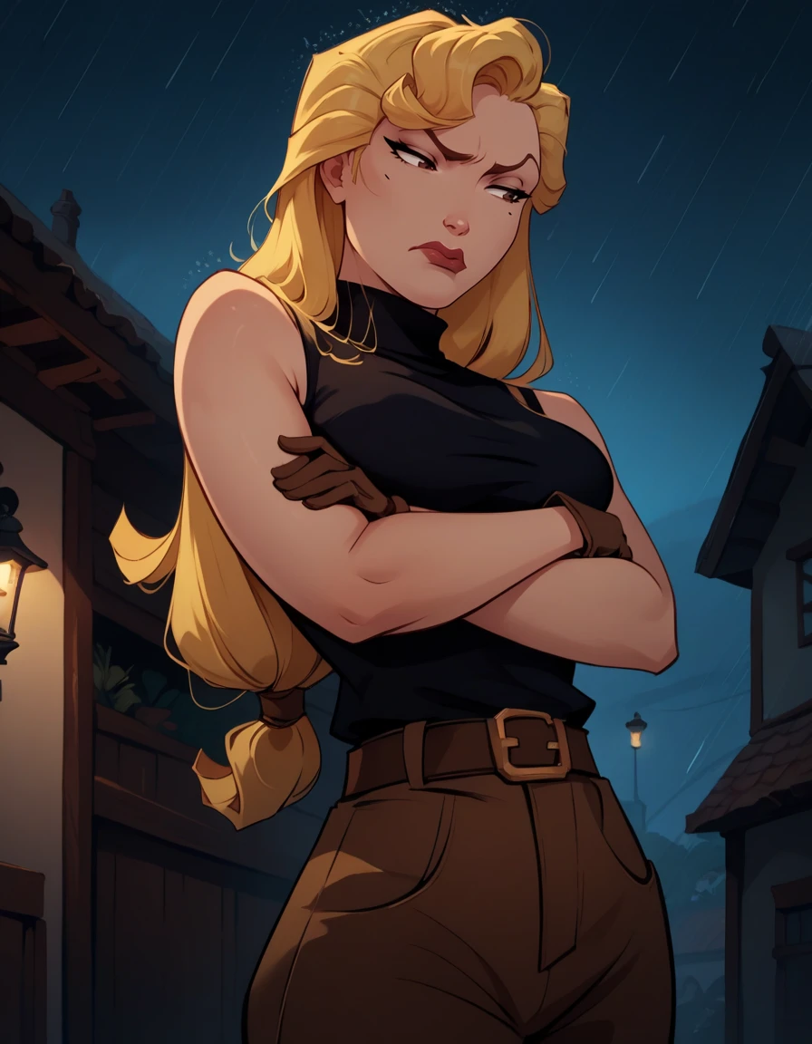 score_9, score_8_up, score_7_up,score_6_up, score_5_up, score_4_up , 1girl, solo, 
large breasts,
HelgaDG,
long hair, blonde hair, brown eyes, lips,
tank top, gloves, belt, brown pants, boots, black shirt, turtleneck sweater, 
annoyed, closed mouth, 
village, night, rain, 
from below, crossed arms, 
 <lora:Helga DG PXL v01:1>