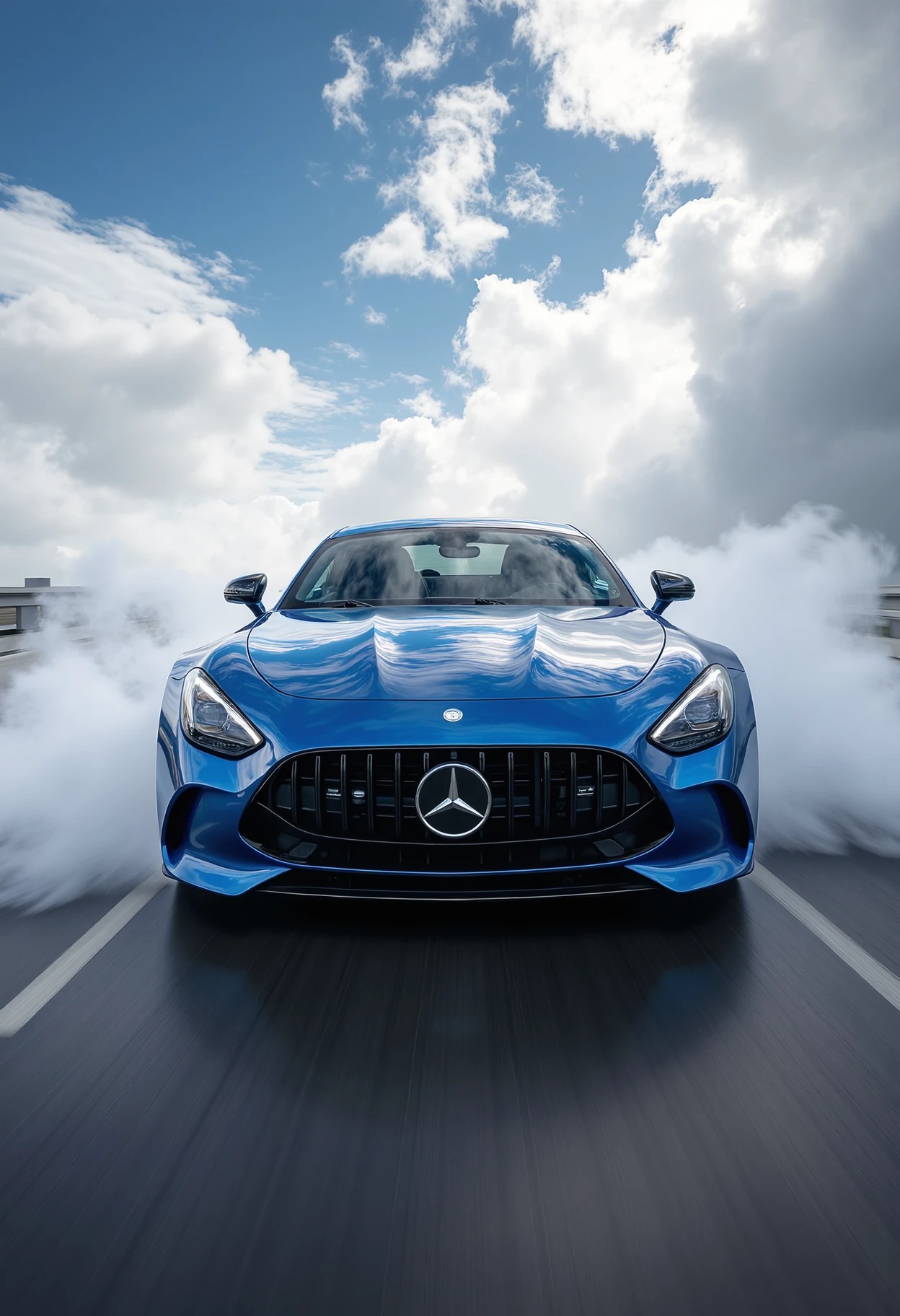 across the hood pov, a shiny blue metallic dvr-mercedes-amg-gt63se speeding through fluffy clouds <lora:fixed_dvr-mercedes-amg-gt63se:1>