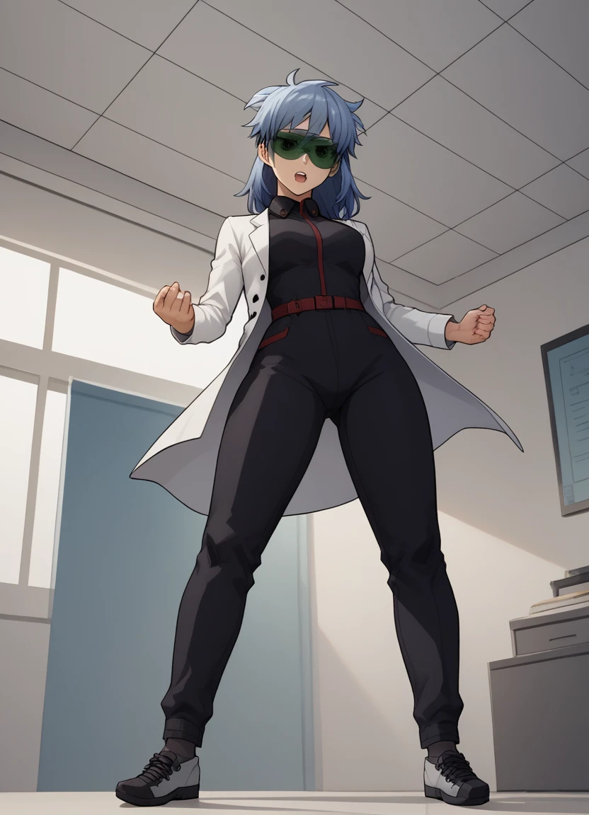 score_9, score_8_up, score_7_up, score_6_up, source_anime, indoors, BREAK cowboy shot, from below, jennygamerfox, human, female, 1girl, solo, visor, labcoat, black jumpsuit, shoes, dynamic pose <lora:jennyv2_epoch_10:0.8>