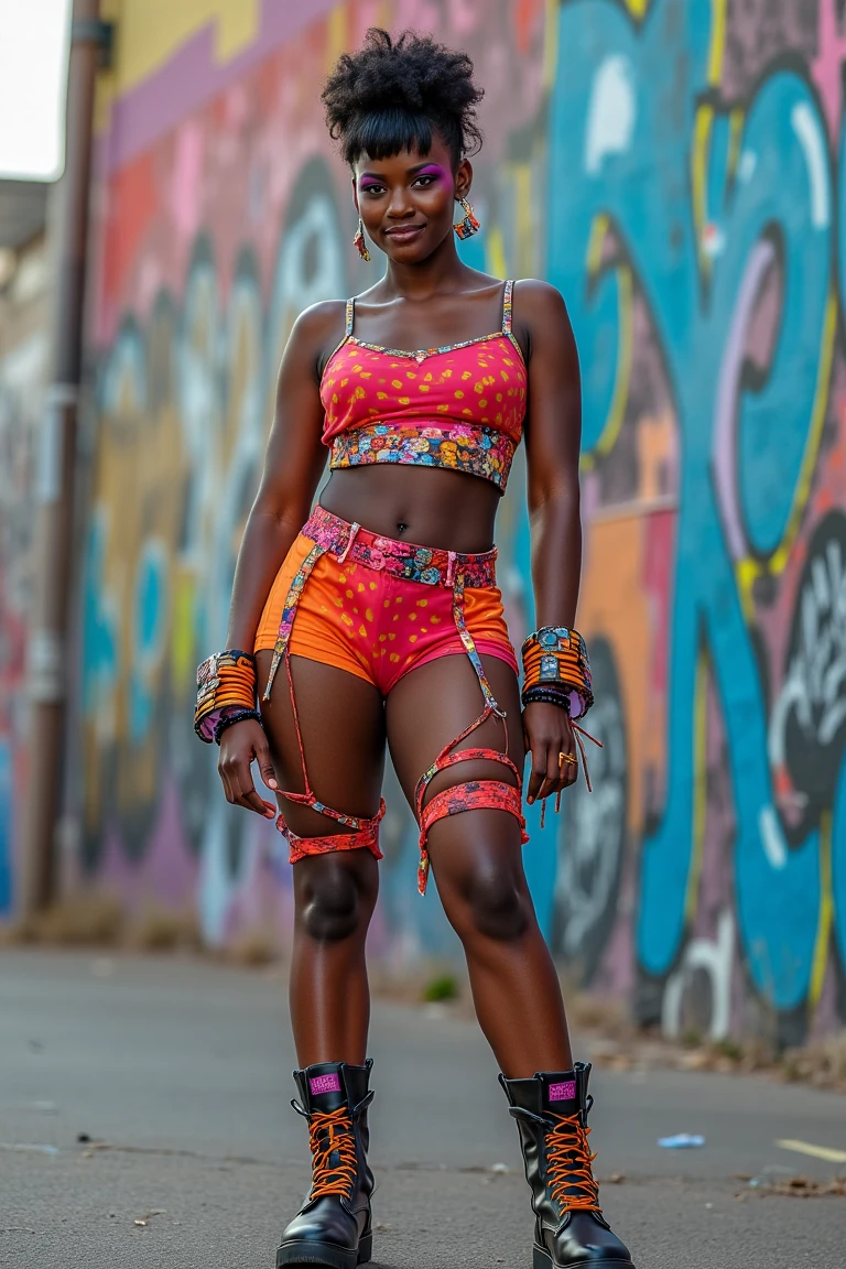 cinematic, full body shot, looking at viewer,a candid, smiling, a cute short haired modern cut, with bangs, athletic african woman, wearing a multi layered fashionable, wearing colorful purple and pink makeup, outrageous hip hop women's outfit, in a graffiti playground, confident pose with an attitude, in the streets, wearing boots, ultra detailed, ultra realistic, real photography, 8k,blxa,afbl,agbstyle