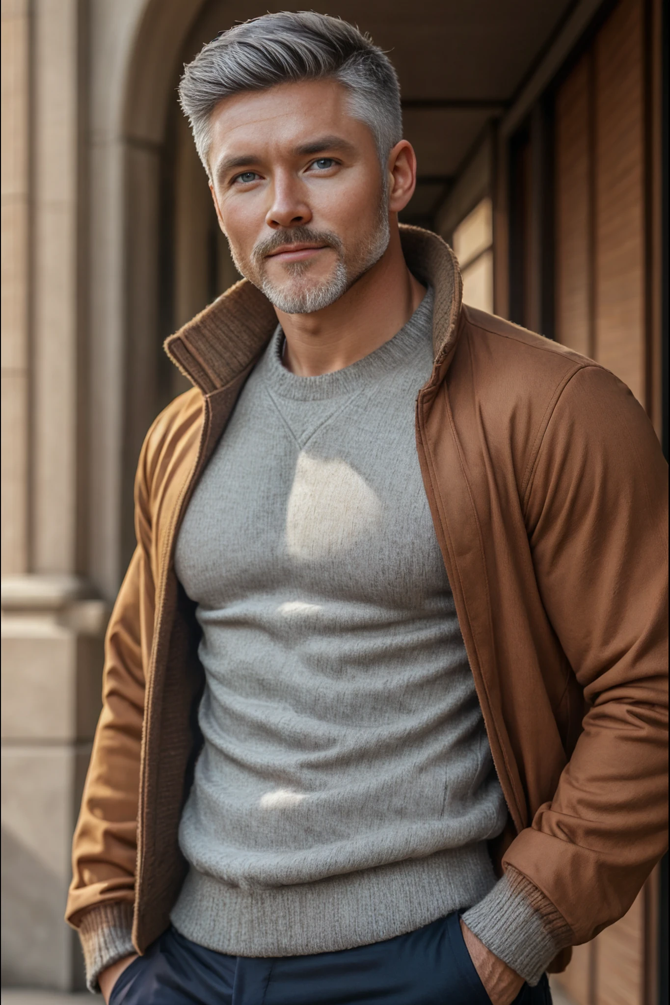 <lora:Malcom_Edge_V1_GV:1> 1Man, grey hair, blue eyes, handsome, professor, father, grey sweater, handsome man, hunk, jacket, japanese, jock, male, male focus, male model