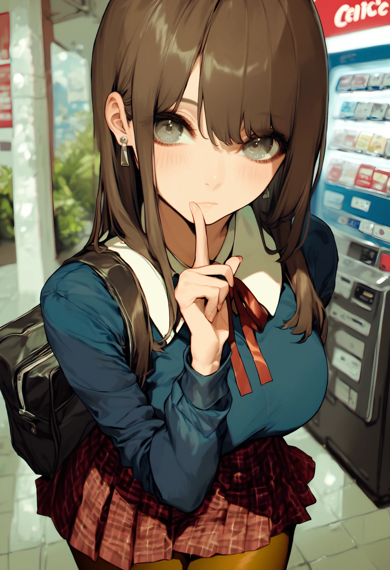 score_9, score_8_up, score_7_up, score_6_up, best quality, source_anime BREAK, aosiai123, 1girl, pleated skirt, vending machine, brown pantyhose, brown hair, black bag, large breasts, looking at viewer, earrings, jewelry, long sleeves, finger to mouth, blue shirt, plaid skirt, red skirt, closed mouth, school bag, long hair, index finger raised, blush, standing, outdoors, shoulder bag, cowboy shot, blurry background, grey eyes, neck ribbon, school uniform, miniskirt, finger to cheek, leaning forward, sweater, sidelocks, tile floor, duffel bag, arm behind back, hand up, handbag, red ribbon, <lora:aosiai123:1>