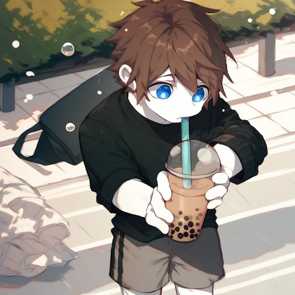 score_9_up, score_8_up, score_7_up, mikus-sona, blue eyes, brown hair, white skin, black boxers, park, holding, bubble tea, black sweater, gray shorts, 1boy, solo